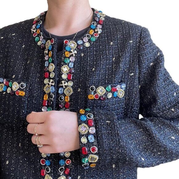 Vintage 80s Berek Black Tweed Rainbow Jeweled Beaded Blazer Jacket XL - Picture 10 of 10